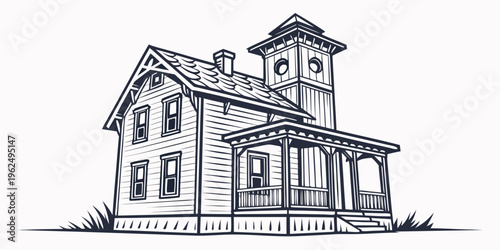 A charming, vintage two-story house with a wrap-around porch and a turret.