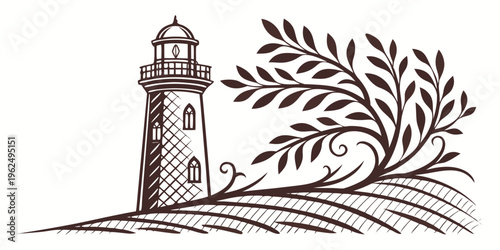 A serene lighthouse standing tall amidst a blooming tree and vast ocean