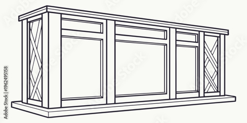 A detailed illustration of a large wooden window with three panes and decorative trim
