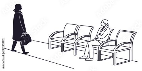 A woman in a coat and hat walks past a row of empty benches.