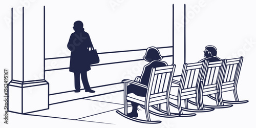 A woman stands at the end of a row of empty benches in a park.