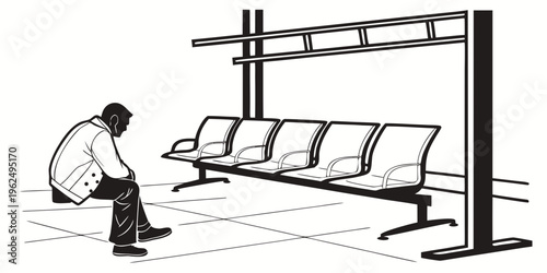 A person sitting alone on the floor in front of a row of empty benches