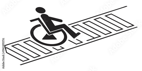 Person in wheelchair navigating a ramp with stairs on either side