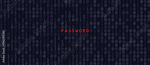 Password word in red letters embedded in dark navy binary code background. Digital cybersecurity concept illustration representing data breach, hacking threat and internet protection.