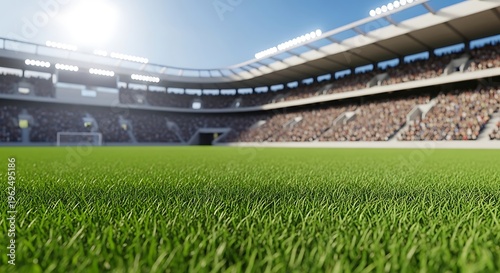 soccer stadium with green grass and spectators isolated on transparent background