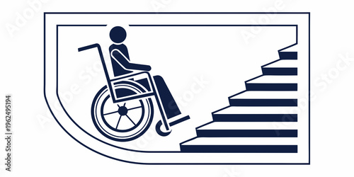 Symbol of accessibility showing a person in a wheelchair facing stairs