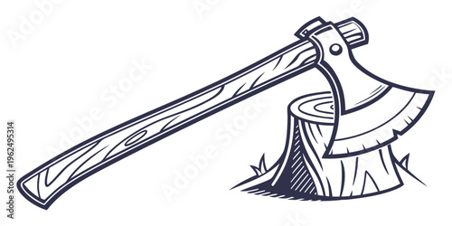 A sharp axe embedded in a wooden stump with a detailed handle design