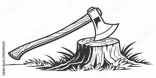 A sharp axe embedded in the stump of a freshly cut tree