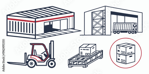 Warehouse with forklift and pallets of goods in a storage facility