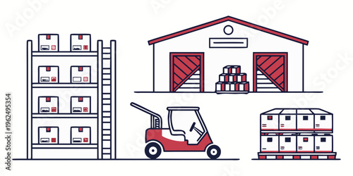 A busy warehouse with shelves, pallets, and a forklift truck in action.