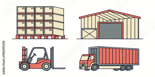 Warehouse with forklift, truck, and storage shelves filled with boxes.