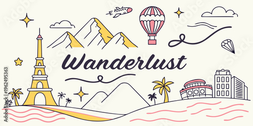 A whimsical illustration of travel destinations and activities evoking wanderlust and adventure