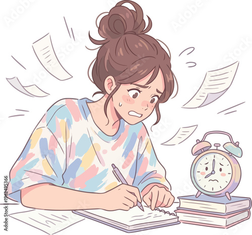 Student anxious about exams with alarm clock and falling papers, anime style