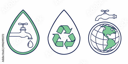 Icons representing water conservation, recycling, and global water usage