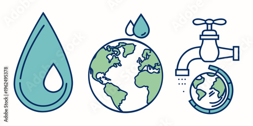 Illustration of a water droplet, globe, and faucet representing water conservation and sustainability