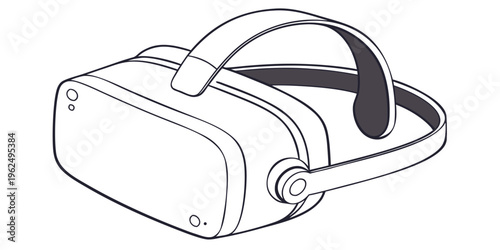 A black and white illustration of a virtual reality headset with a strap