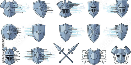 Cybersecurity Shield and Armor Icon Set Featuring Digital Protection Symbols, Data Security Concepts, Network Defense, and Futuristic Tech Safety Illustration Collection