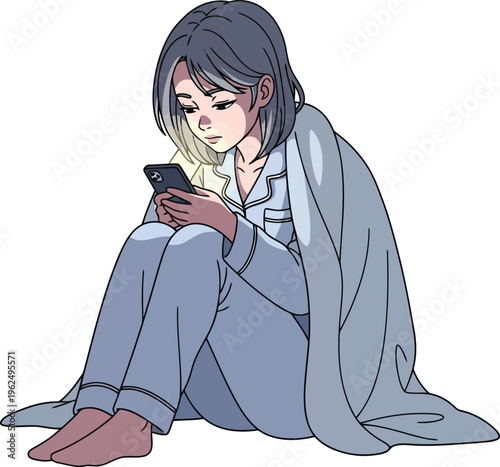 Woman in pajamas and blanket looking at phone, dimly lit room, night time, she is wearing light blue pajamas in a dimly lit