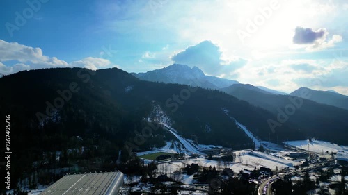panorama of the mountains with ski jumps 