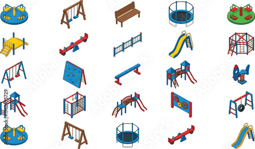 Playground equipment icons set including swings slides seesaw trampoline climbing frames and benches children park play elements collection