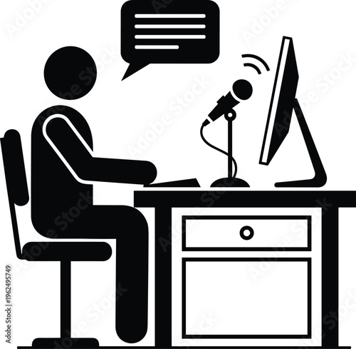 Podcast recording silhouette with person speaking into microphone at desk isolated on white background, audio broadcast and media production illustration