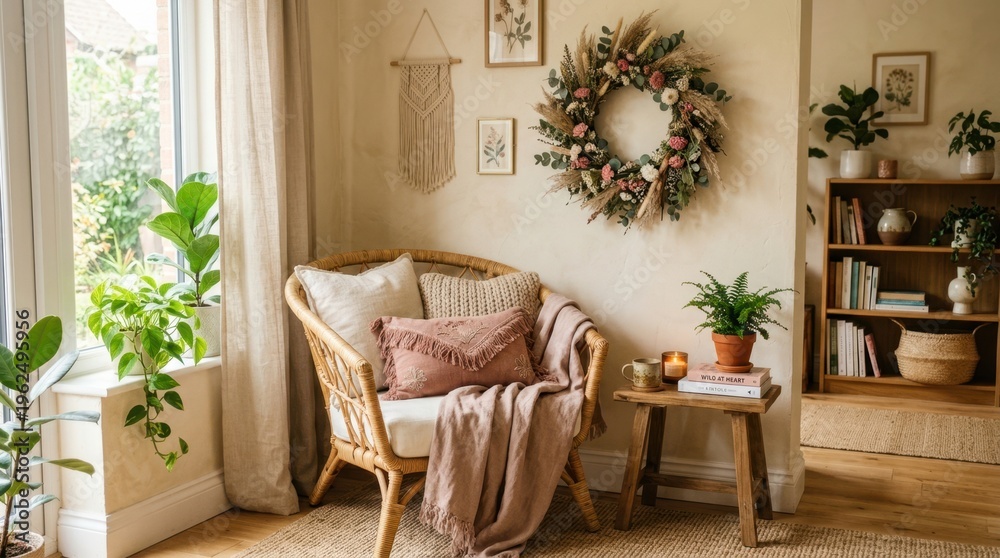 Naklejka premium Cozy bohemian reading nook with rattan chair, plants, and floral wreath