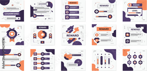 Gamification UI Elements Illustration Set Featuring Leaderboards, Rewards, Progress Bars, Achievement Badges, and User Level Interface Design for Apps and Platforms