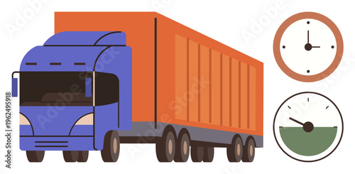 Logistics, delivery services, transportation, time management, deadline tracking, and supply chain. Blue and orange cargo truck with two clocks. Logistics and delivery concepts