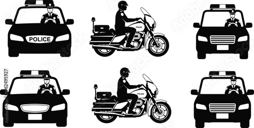 Police car and motorcycle officer silhouettes law enforcement patrol vehicles isolated on white background security transport vector set