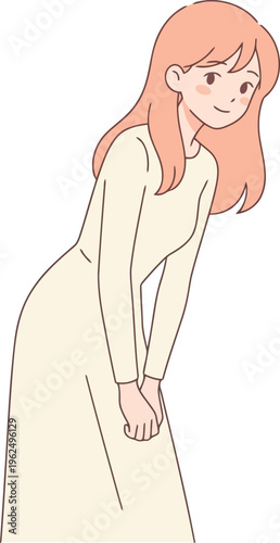 Woman in long cream dress bowing with polite greeting gesture