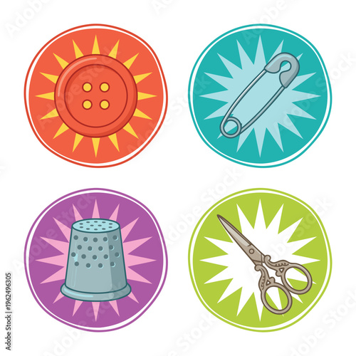 Sewing Notions Collection - Button, Safety Pin, Thimble, Scissors.