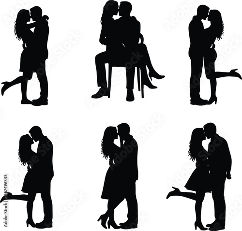 Romantic couple kissing silhouettes collection featuring love, dating and affectionate poses isolated on white background relationship concept