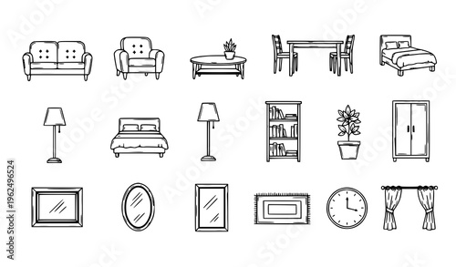 Hand sketched furniture and decor icons collection with organic layout for interior concepts and home styling vector