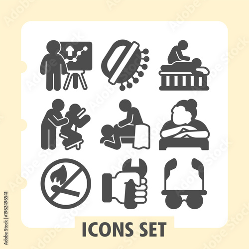 Marketer, masseur, match ban modern icons set depicting leisure, healthcare, lifestyle and daily activities items in solid style for apps and print on white background. Set of nine glyph icons.