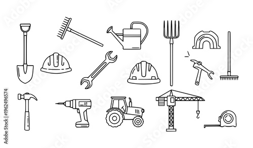Minimal line farm and construction tool icons organized by category for infographic UI and agricultural engineering design vector