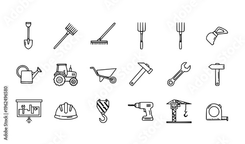 Hand drawn line farm and construction tools icons with organic layout for agriculture and building marketing materials vector