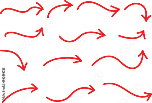 Collection of red arrows with various curved and straight directions
