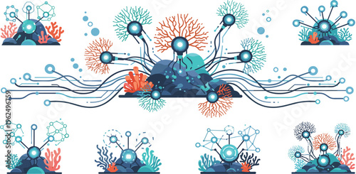Neural Network and AI Connectivity Illustration Set Featuring Data Nodes, Digital Brain Structures, Machine Learning Systems, and Abstract Technology Network Visualization