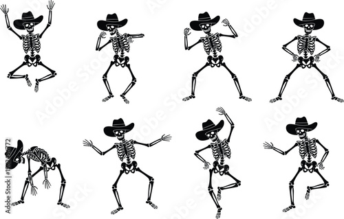 Cartoon skeleton silhouette vector illustration set featuring cowboy hats, dancing poses, spooky humorous festive Halloween design artwork collection