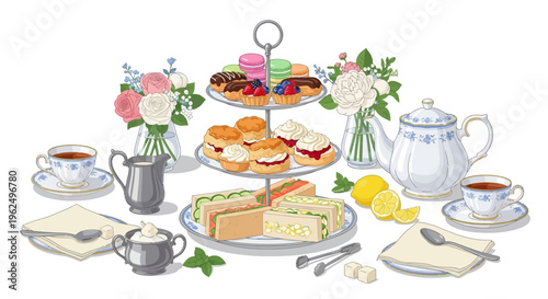 A beautifully illustrated afternoon tea set featuring tiered cakes, sandwiches, and floral decor