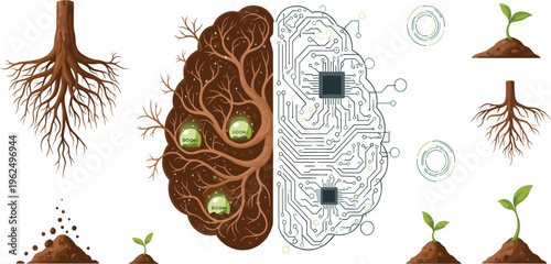Organic Brain and Artificial Intelligence Concept Illustration Featuring Tree Roots, Neural Circuits, Bio Technology Fusion, Growth, and Nature Inspired Digital Mind Visualization