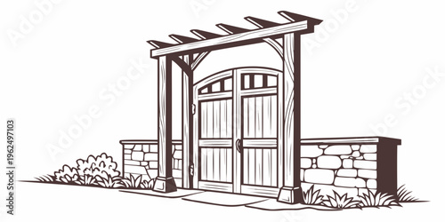 A charming wooden pergola entranceway with double doors and stone pillars