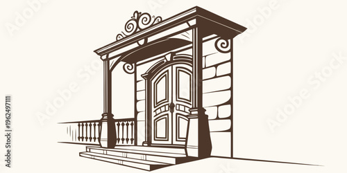 An intricately designed stone entrance with a wooden door and a balcony.