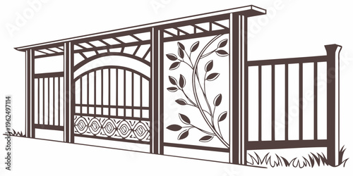 A beautifully designed wooden fence with intricate carvings and a gate