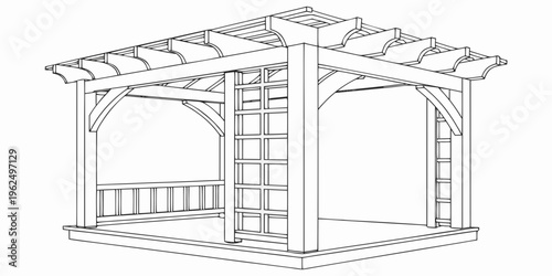A detailed architectural drawing of a gazebo with intricate wooden design elements