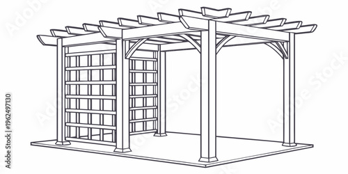 A detailed sketch of a pergola with a lattice structure and open sides.