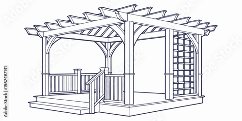 A detailed architectural drawing of a pergola with a lattice wall and staircase.