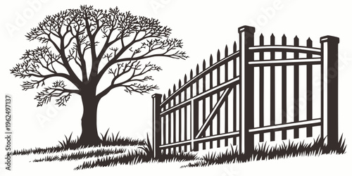 A large tree standing next to a tall brick fence with a gate