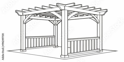 A charming wooden pergola with a white railing and open sides.