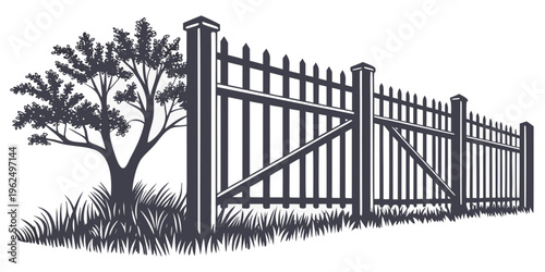An open wooden gate with a tree standing beside it in a serene setting